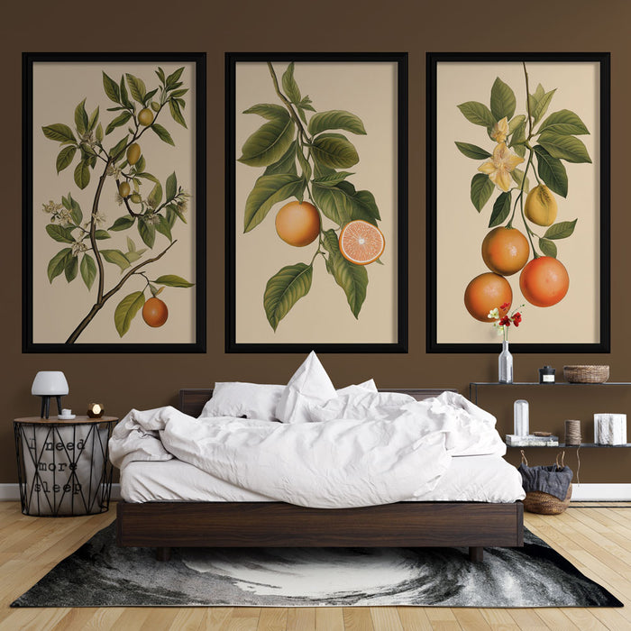 Une chambre chaleureuse avec un papier peint représentant des agrumes délicatement illustrés, créant une ambiance naturelle et apaisante.