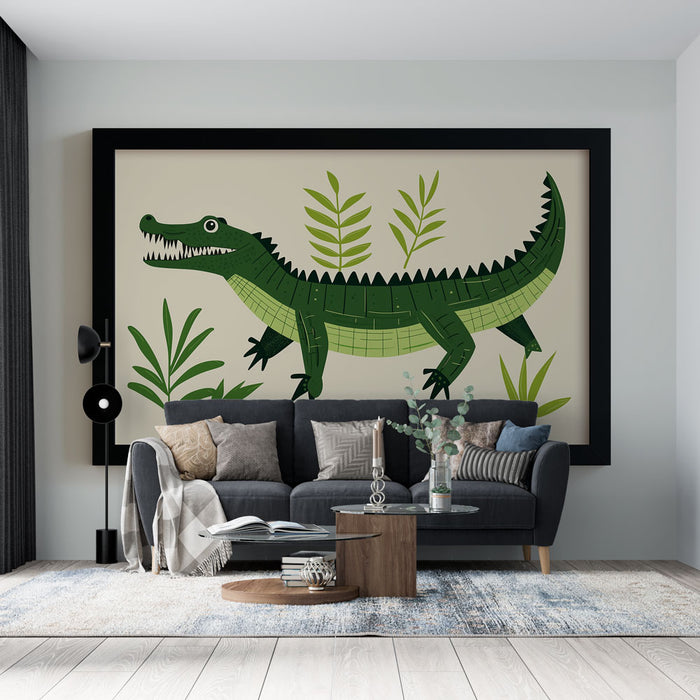 Papier peint imitation tableau | Illustrations ludiques d'un crocodile stylisé parmi des feuillages tropicaux
