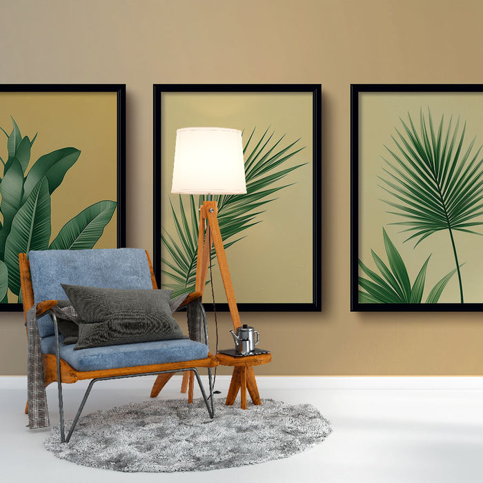 Papier peint imitation tableau | Illustrations modernes de feuillages verts sur fond jaune