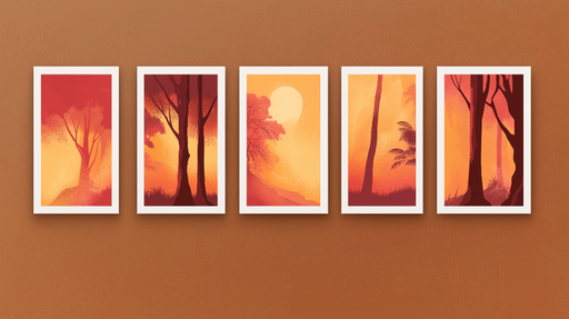Papier peint imitation tableau Illustrations stylisées des silhouettes d'arbres en dégradé rouge et orange