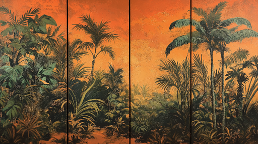 Papier peint imitation tableau Jungle tropicale au crépuscule orange