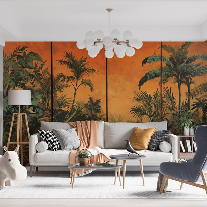 Un salon moderne avec un papier peint tropical aux teintes orangées et vertes, représentant des palmiers luxuriants créant une atmosphère chaleureuse et accueillante.