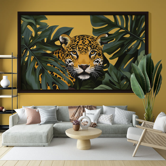 Un salon moderne avec un papier peint représentant un jaguar émergeant de feuillages luxuriants sur un fond jaune, créant une ambiance tropicale et vivante.
