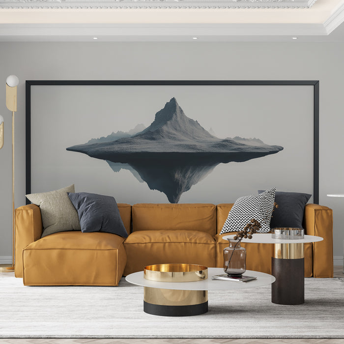 Un salon moderne avec un papier peint représentant un paysage montagneux en noir et blanc, créant une atmosphère apaisante et contemplative.
