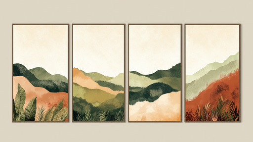 Papier peint imitation tableau Montagnes aux teintes douces et feuillage luxuriant