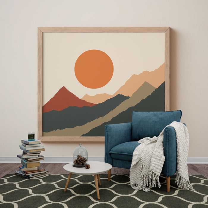 Une pièce moderne avec un papier peint abstrait représentant des montagnes stylisées et un soleil orangé, créant une ambiance chaleureuse et apaisante.