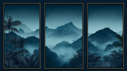 Papier peint imitation tableau Montagnes brumeuses au crépuscule dans des tons de bleu