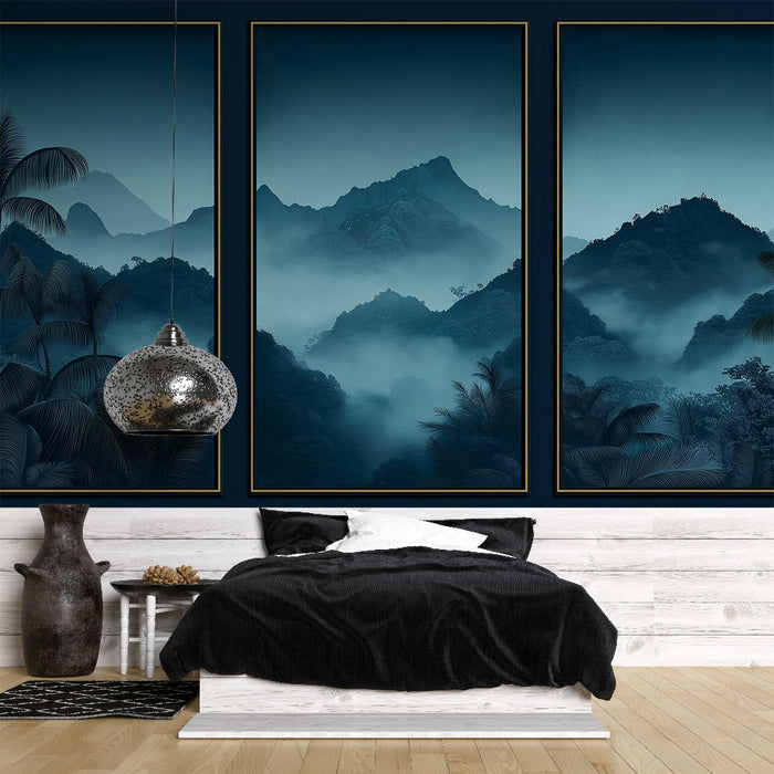 Une chambre moderne avec un papier peint représentant des montagnes brumeuses en dégradé de bleu, créant une atmosphère apaisante et mystérieuse.