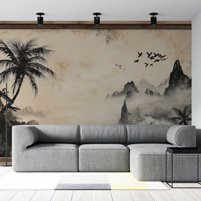 Un salon contemporain avec un papier peint représentant un paysage montagneux en noir et beige, évoquant une atmosphère apaisante et naturelle.