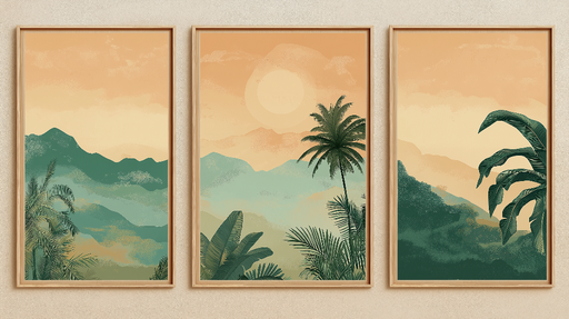 Papier peint imitation tableau Montagnes et palmiers baignés de lumière orange