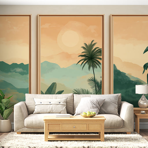 Un salon lumineux avec un papier peint représentant des montagnes et des palmiers dans des teintes douces de vert et d'orange, créant une ambiance apaisante et tropicale.