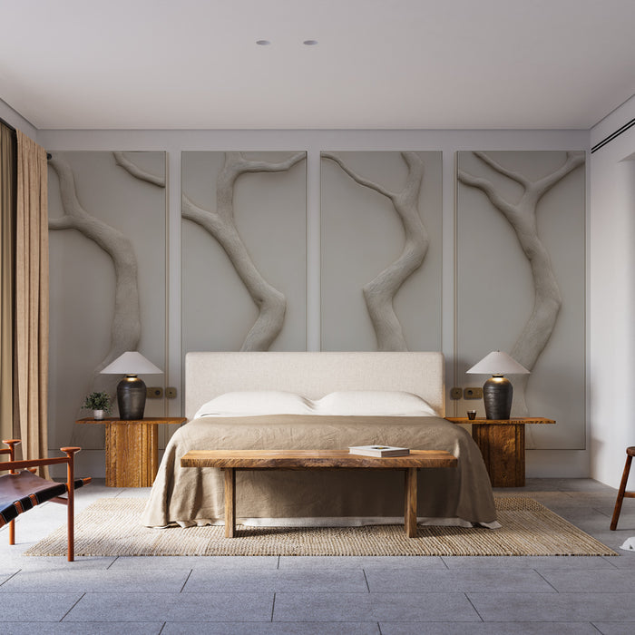 Une chambre contemporaine avec un papier peint texturé beige représentant des branches stylisées, créant une atmosphère apaisante et naturelle.
