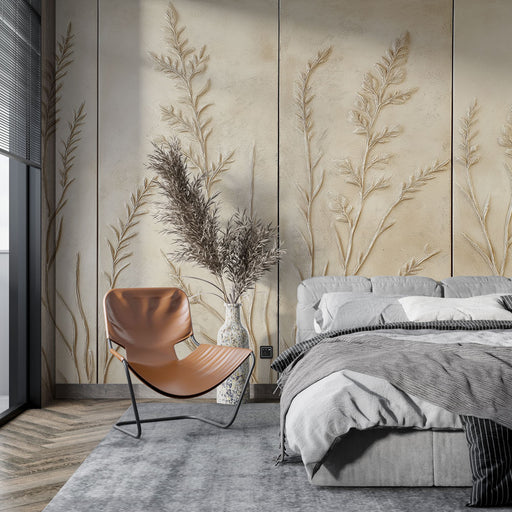 Une chambre moderne avec un papier peint texturé beige représentant des motifs de plantes délicates, créant une atmosphère apaisante et élégante.