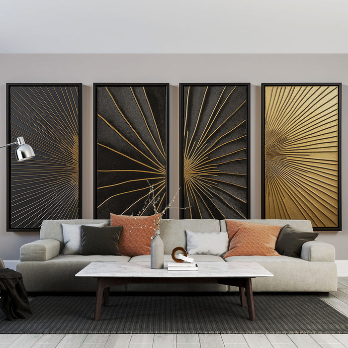 Un salon moderne avec un papier peint texturé noir et doré, présentant des motifs rayonnants qui créent une atmosphère élégante et dynamique.