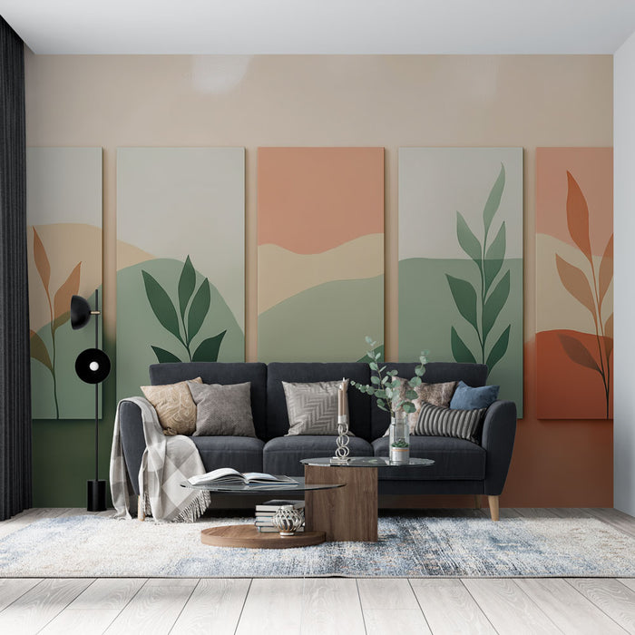 Papier peint imitation tableau | Motifs de feuillage aux couleurs douces et apaisantes