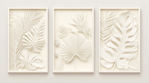 Papier peint imitation tableau Motifs de feuillage en relief sur fond neutre