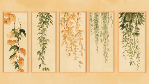 Papier peint imitation tableau Motifs de feuilles délicates aux teintes douces et chaleureuses