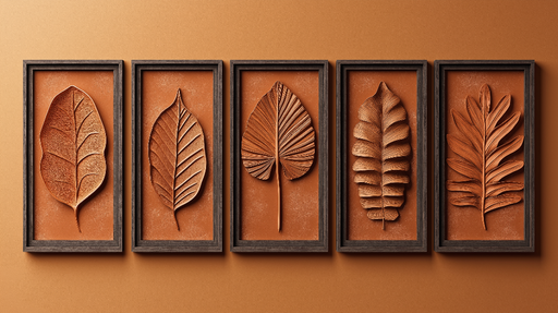 Papier peint imitation tableau Motifs de feuilles en relief sur fond orange chaleureux