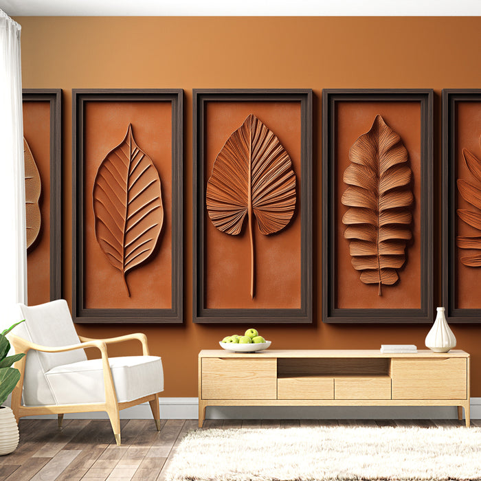 Une pièce moderne avec un papier peint ocre mettant en valeur des cadres en relief représentant des feuilles stylisées, créant une atmosphère chaleureuse et naturelle.