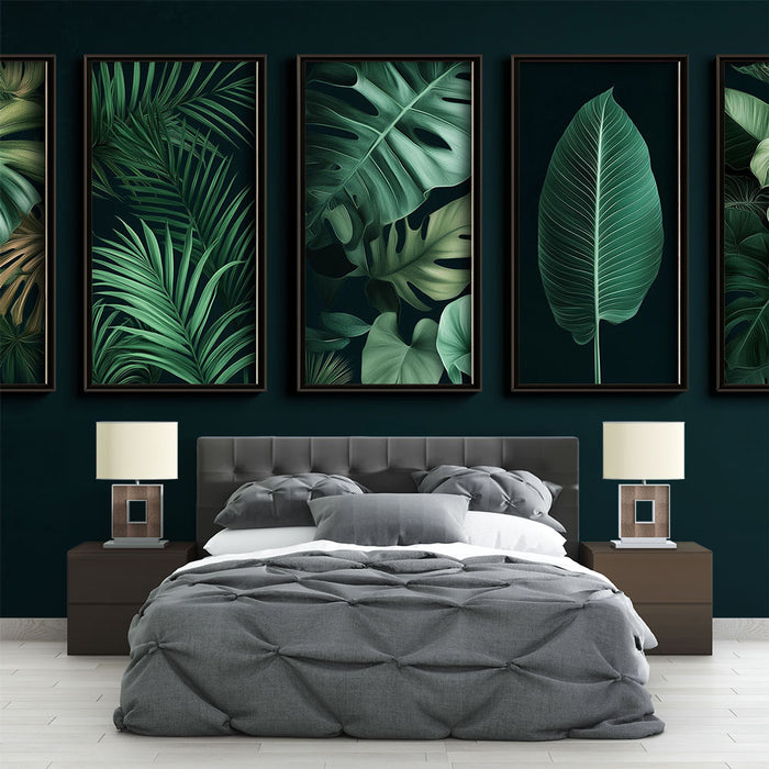 Papier peint imitation tableau | Motifs de feuilles luxuriantes dans des tons de vert