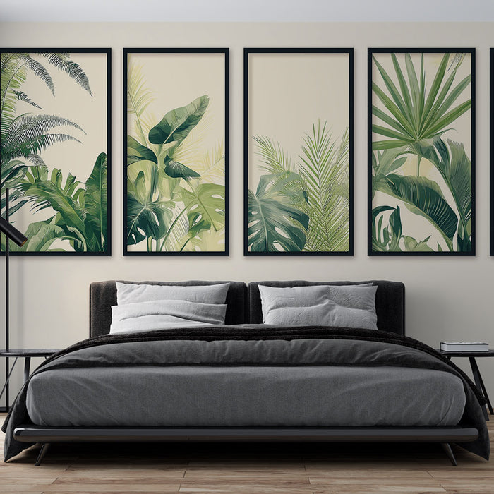 Une chambre moderne avec un papier peint tropical représentant des feuillages luxuriants dans des tons verts sur fond beige, créant une atmosphère apaisante et naturelle.