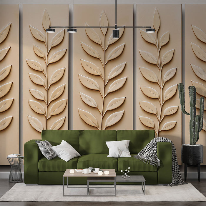 Un salon moderne avec un papier peint texturé beige représentant de grandes feuilles en relief, créant une ambiance chaleureuse et naturelle.