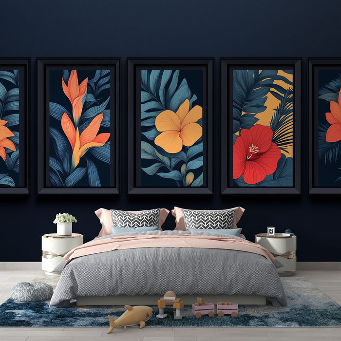 Papier peint imitation tableau | Motifs de fleurs vibrantes sur fond sombre