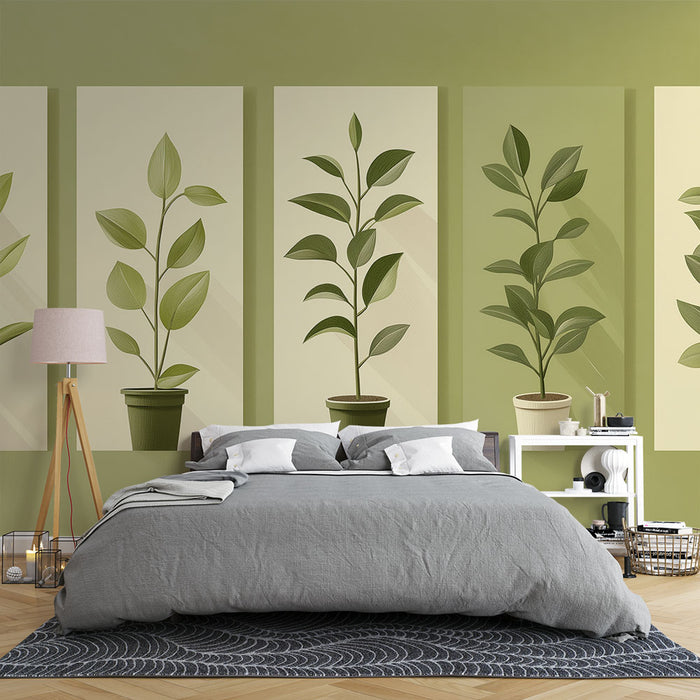 Une chambre moderne avec un papier peint illustrant des plantes en pots, aux teintes vertes et beiges, créant une atmosphère naturelle et apaisante.