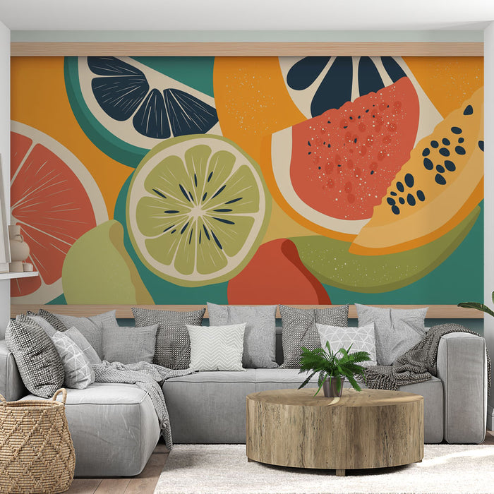 Un salon moderne avec un papier peint coloré représentant des fruits tropicaux aux teintes vives, créant une ambiance joyeuse et rafraîchissante.