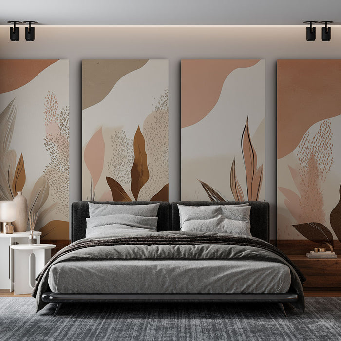 Une chambre moderne avec un papier peint aux motifs organiques dans des teintes douces de beige et de terracotta, créant une atmosphère chaleureuse et apaisante.