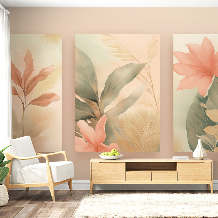 Une pièce lumineuse avec un papier peint tropical aux motifs de feuilles et fleurs pastel, créant une ambiance douce et apaisante.