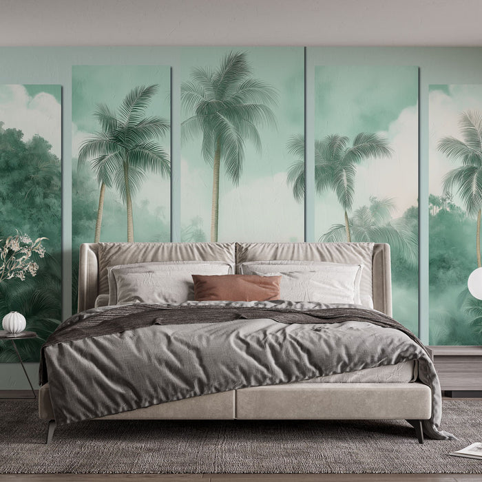 Une chambre moderne avec un papier peint tropical aux nuances vertes représentant des palmiers sur un fond nuageux, créant une atmosphère apaisante et relaxante.