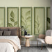 Une chambre moderne avec un papier peint vert doux illustrant des feuilles délicates, créant une atmosphère apaisante et naturelle.