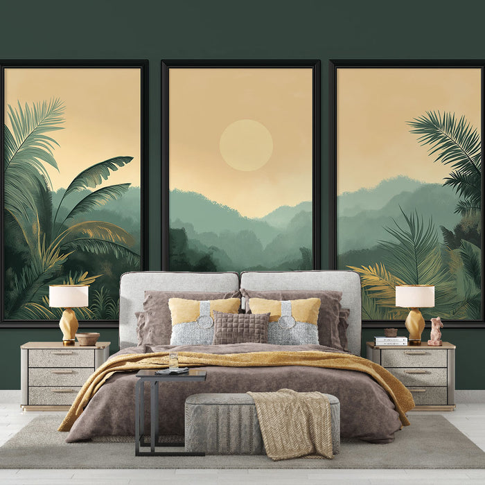 Une chambre moderne avec un papier peint mural représentant des paysages tropicaux aux teintes douces et apaisantes, créant une atmosphère relaxante et naturelle.