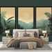 Une chambre moderne avec un papier peint mural représentant des paysages tropicaux aux teintes douces et apaisantes, créant une atmosphère relaxante et naturelle.
