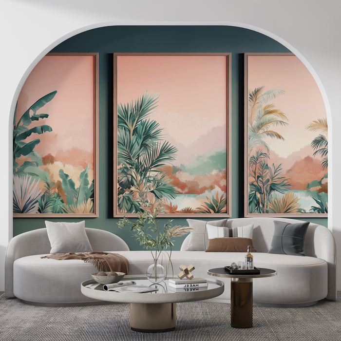 Un salon contemporain avec un papier peint tropical aux teintes douces et pastel, représentant des feuillages luxuriants qui créent une atmosphère apaisante et accueillante.
