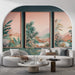Un salon contemporain avec un papier peint tropical aux teintes douces et pastel, représentant des feuillages luxuriants qui créent une atmosphère apaisante et accueillante.