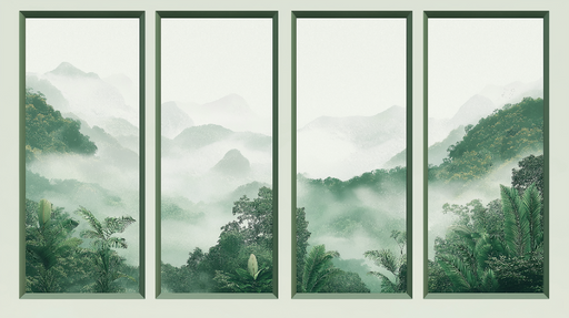 Papier peint imitation tableau Paysage brumeux avec feuillage luxuriant dans des cadres