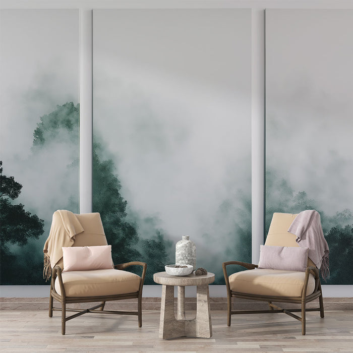 Une pièce lumineuse avec un papier peint représentant des paysages brumeux et des arbres en nuances de vert, créant une atmosphère apaisante et naturelle.