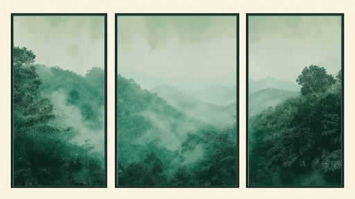 Papier peint imitation tableau Paysage de montagne embrumé en nuances de vert