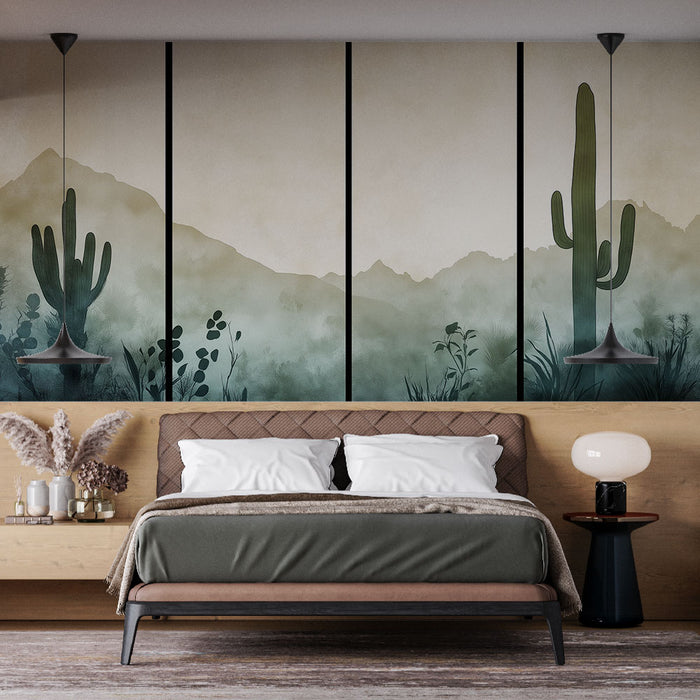 Une chambre moderne avec un papier peint représentant des cactus et des montagnes dans des teintes douces de vert et de beige, créant une atmosphère apaisante et naturelle.