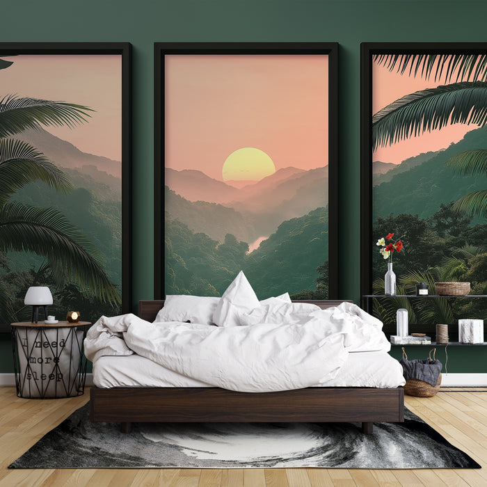 Une chambre moderne avec un papier peint tropical représentant des paysages de montagnes verdoyantes et un coucher de soleil apaisant, créant une atmosphère relaxante et naturelle.