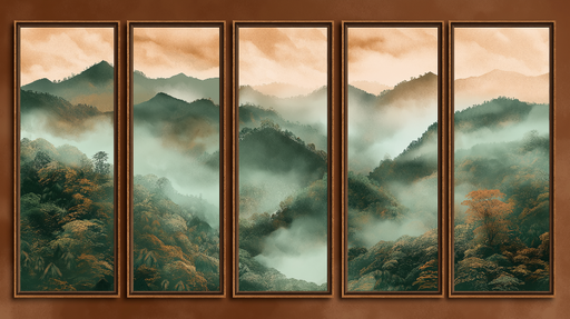 Papier peint imitation tableau Paysage montagneux brumeux en teintes vertes et orange