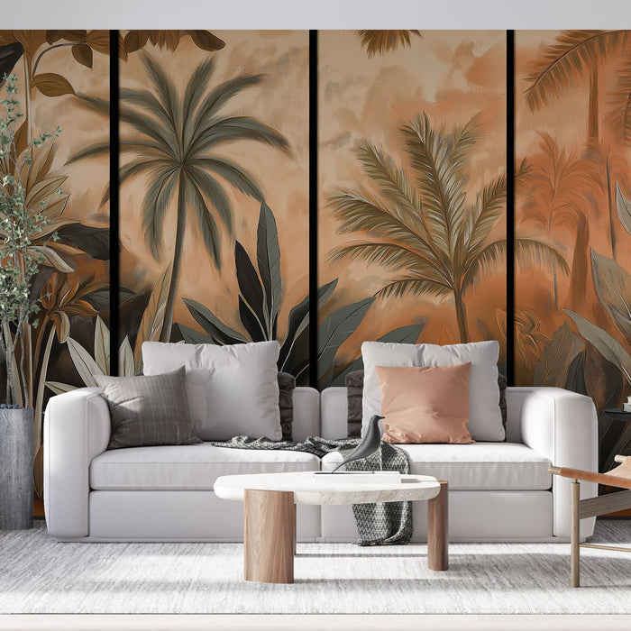 Un salon moderne avec un papier peint tropical aux teintes chaudes et aux motifs de palmiers et de feuillages, créant une ambiance chaleureuse et relaxante.