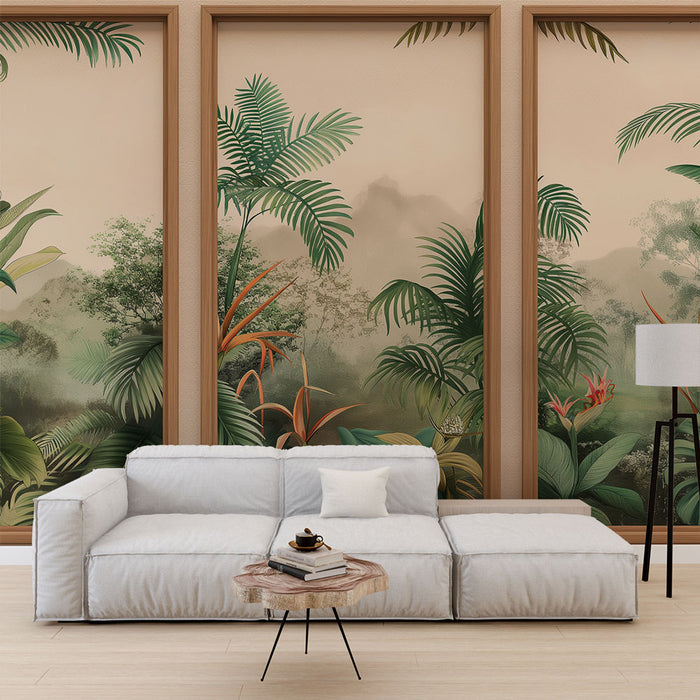 Une pièce moderne avec un papier peint tropical représentant une végétation luxuriante sur fond beige, créant une atmosphère apaisante et naturelle.