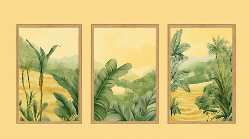 Papier peint imitation tableau Paysage tropical avec motifs de palmiers et de montagnes