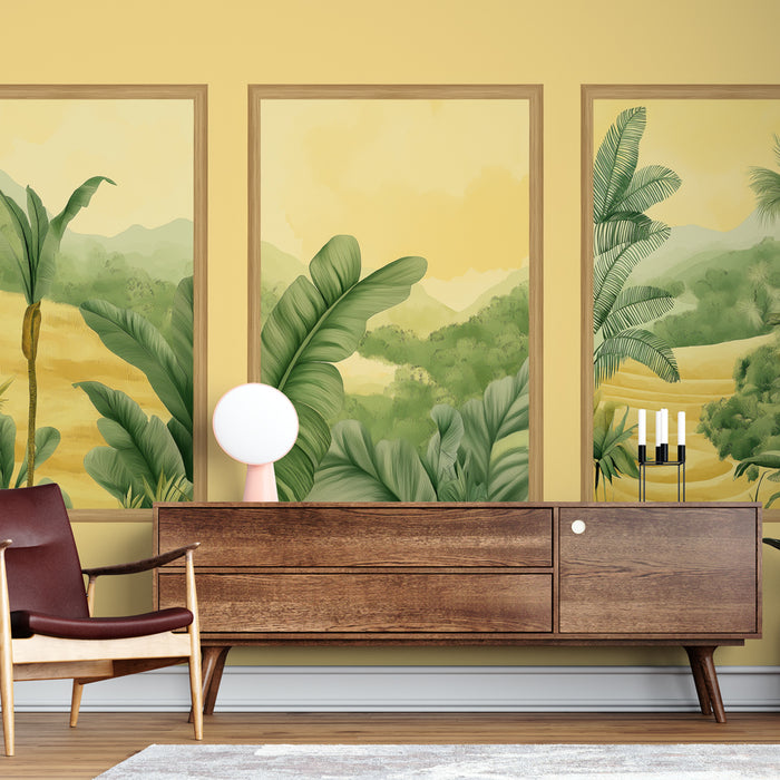 Papier peint imitation tableau | Paysage tropical avec motifs de palmiers et de montagnes