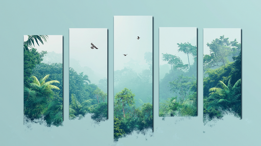 Papier peint imitation tableau Paysage tropical embrumé avec oiseaux en vol