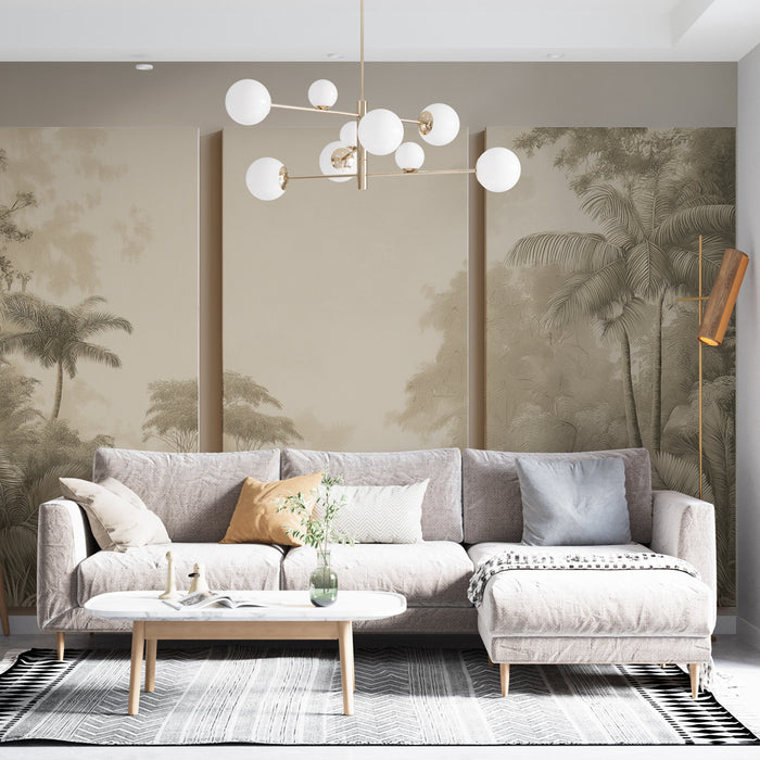Un salon moderne avec un papier peint représentant une forêt tropicale en nuances de beige, créant une atmosphère apaisante et élégante.