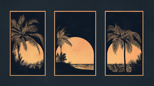 Papier peint imitation tableau Paysages tropicaux stylisés au coucher de soleil